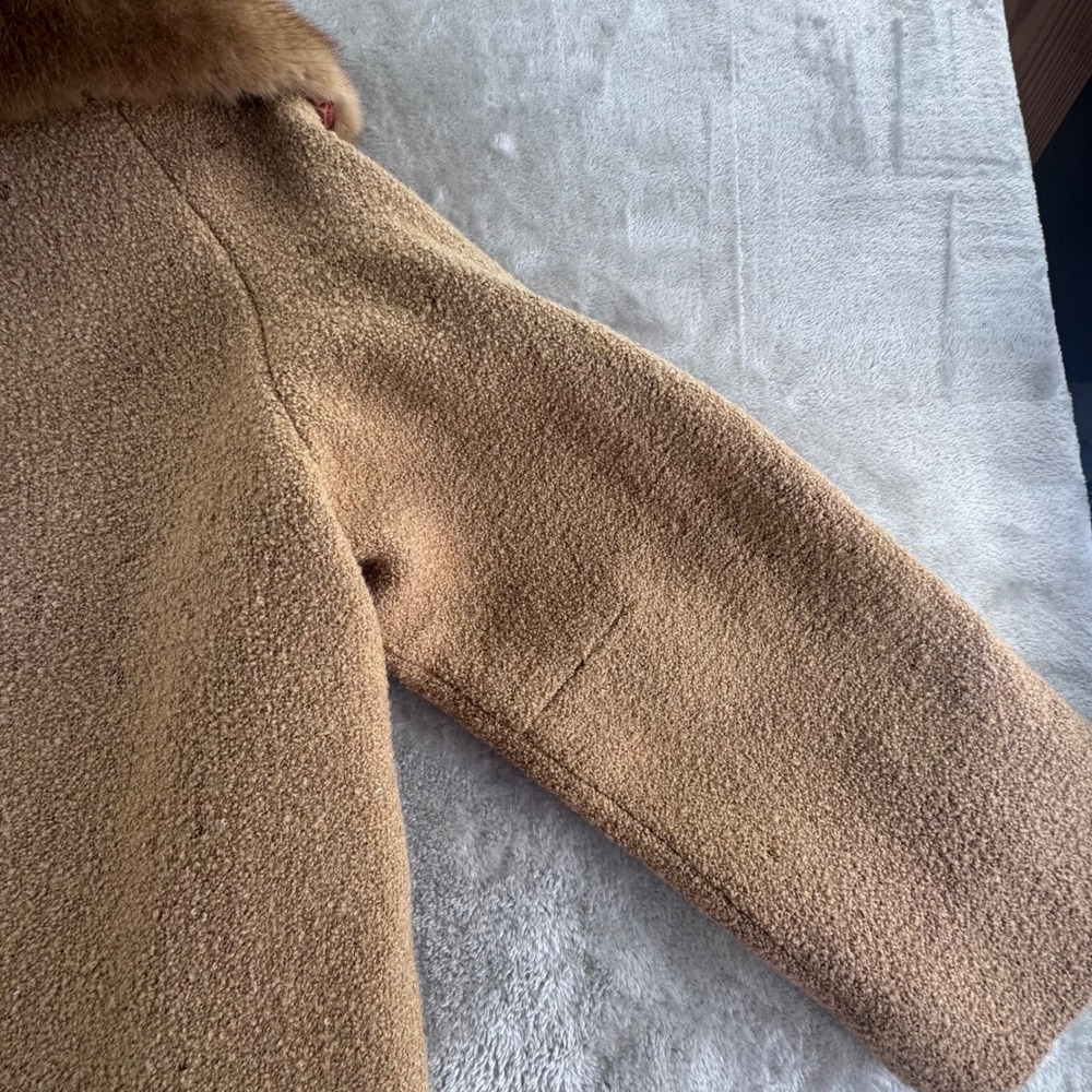 Vintage 1950s-60s Women's Boucle‎ Coat Genuine Mink Fur Collar Tan Mod Overcoat - Picture 12 of 16